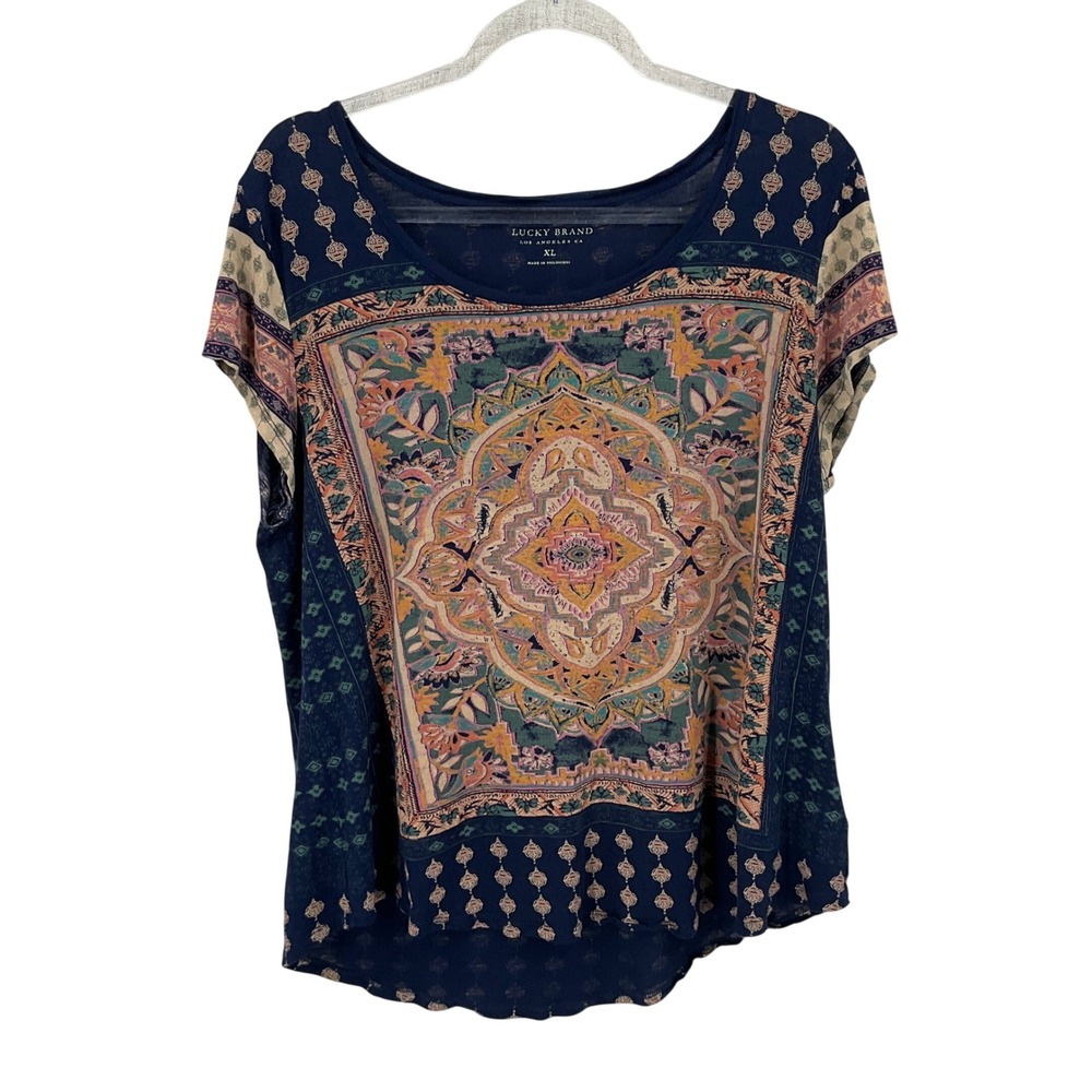 Lucky Brand Top Womens XL Navy Blue Boho Mandala Tile Print Short Sleeve Scoop